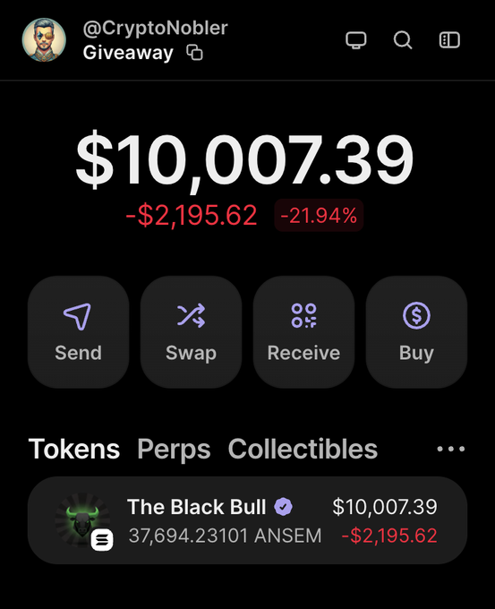 The image shows a crypto wallet screenshot for user @CryptoNobler displaying a balance of $10,007.39, down $2,195.62 (-21.94%), with a single token holding of 37,694.23101 ANSEM ("The Black Bull"). This visually supports the post's claim of giving away a $10,000 ANSEM bag, as the wallet contains roughly that amount of the token, demonstrating the funds available for the giveaway.