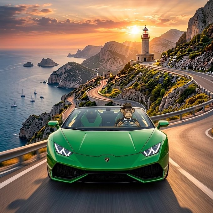 The image features a green Lamborghini sports car driving down a winding road with mountains in the background, giving off an impression that they are racing against time as the sun sets behind them. The car's driver appears to be a monkey wearing a hat while holding onto the steering wheel and looking out of the windshield. The post is about a new era where every idea can have its own blockchain network, which could potentially revolutionize the way we think about trust and security in the digital age.