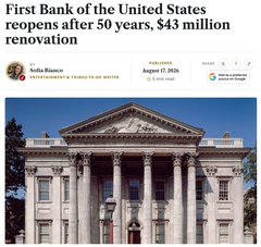 A headline from Nellie Huang's Daily Hodl newsletter dated August 17, 2026 announces the reopening of the First Bank of the United States following a $43 million renovation after 50 years, accompanied by an image of the classical building's columned facade. The post celebrates Metallicus' $100,000 XPR cryptocurrency donation to the restoration project honoring Alexander Hamilton's historic bank.