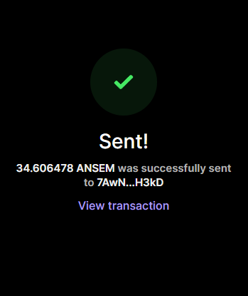 The image displays a successful transaction confirmation showing 34.606478 ANSEM was sent to the wallet 7AwN...H3kD, aligning with the post announcing an airdrop sent to the recipient.