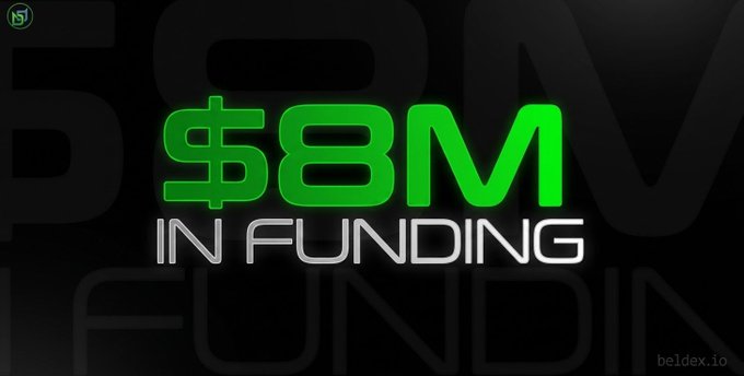 Promotional graphic with a green dollar sign and text reading '$8M IN FUNDING' on a dark background, with beldex.io in the corner.