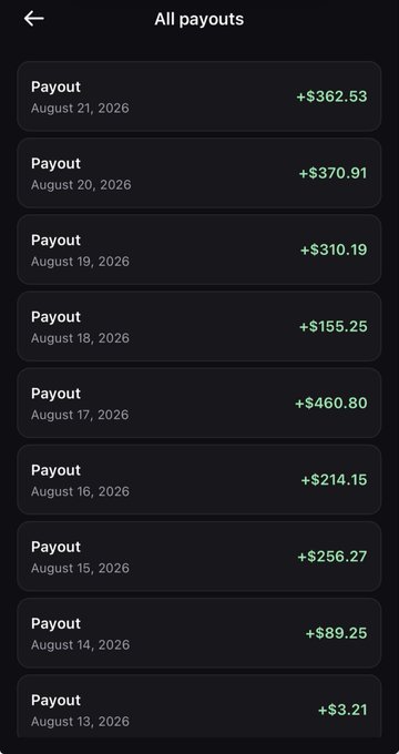 A screenshot of an "All payouts" list showing daily earnings ranging from $3.21 to $889.25, with recent days including $362.53 (Aug 21), $370.91 (Aug 20), and $310.19 (Aug 19). The image visualizes the poster's claim of earning $350+ for two consecutive days by calling out coins on Pump.fun.
