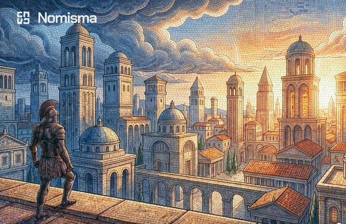 An illustration branded 'Nomisma' depicting a Roman soldier in armor overlooking a detailed ancient cityscape with domed buildings, towers, and stone aqueducts under a cloudy sky.