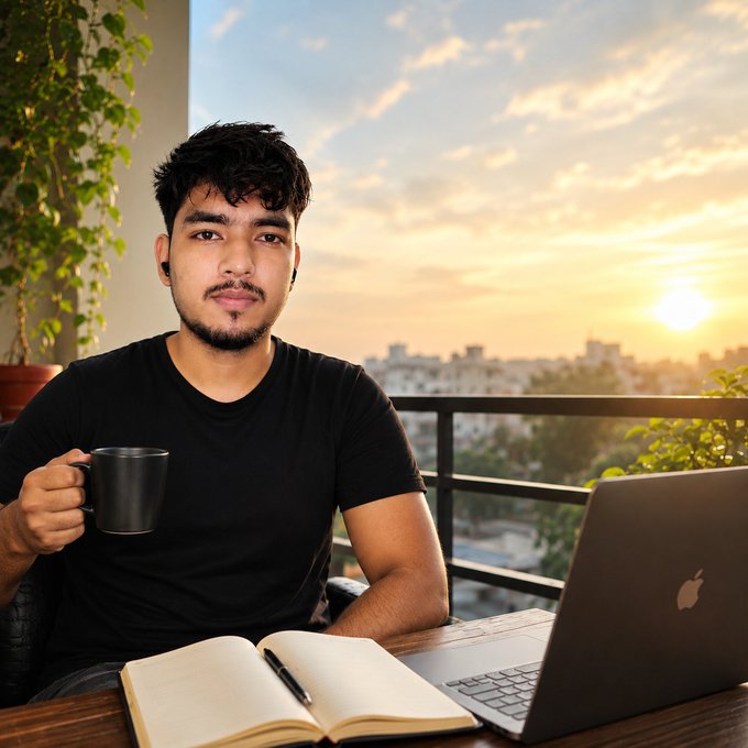 A man in a black shirt sits at a table on a balcony at sunset, holding a black mug, with a laptop, an open notebook, and a city skyline in the background.