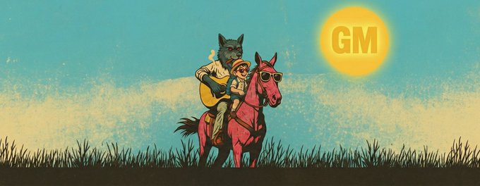 An illustrated scene showing an anthropomorphic wolf playing a guitar while riding a pink horse wearing sunglasses, with a small figure in a hood, set against a teal sky with a 'GM' sun logo.
