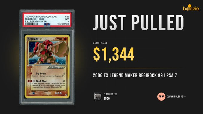 A PSA 7 graded 2006 Pokemon EX Legend Maker Regirock card #91 displayed on a screen, valued at $1,344 with a 'JUST PULLED' headline.