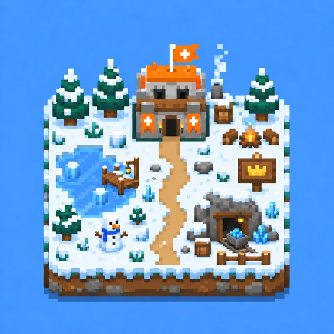A pixel art isometric view of a snowy diorama featuring a castle, trees, a frozen pond, a snowman, and a mine.