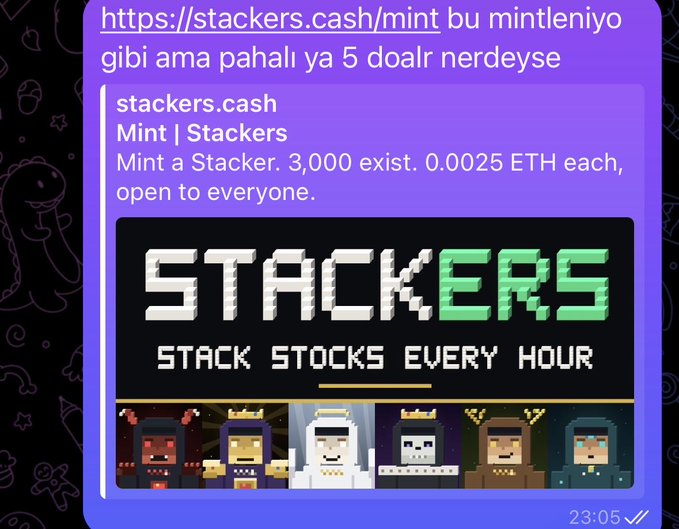 A Telegram message about the website stackers.cash/mint, advertising that minting costs 0.0025 ETH each and featuring pixel art characters with the tagline 'STACK STOCKS EVERY HOUR'.