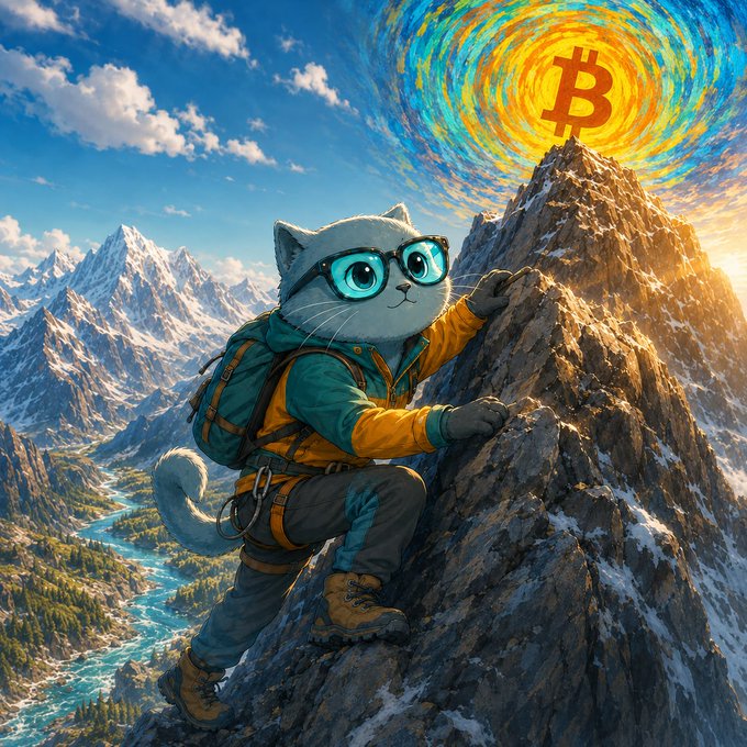 A cartoon cat climber wearing glasses scales a snowy mountain toward a glowing Bitcoin symbol radiating like the sun, visually echoing the "gm (get money)" motto and #bitcoin hashtag by depicting the pursuit of crypto gains as an epic summit climb.