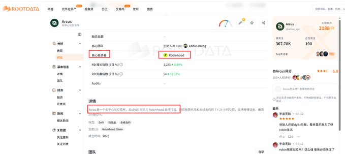 A RootData webpage screenshot showing details for a project called 'Arcus' (arcus_vgt), highlighting core team members Eddie Zhang and Robinhood, with the Robinhood tag marked and a description in Chinese noting an executive left the team due to Robinhood's background.