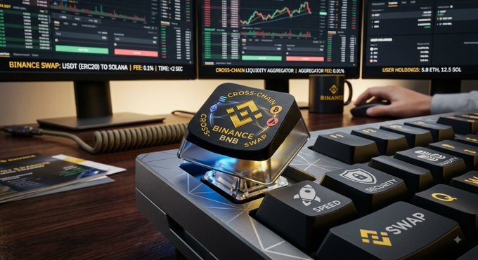 The image shows a stylized Binance-themed keyboard with illuminated keys featuring "BINANCE BNB SWAP," "CROSS-CHAIN," "SECURITY," and "SPEED" labels, positioned in front of multiple trading monitors displaying market data including "BINANCE SWAP: USDT (ERC20) TO SOLANA," "CROSS-CHAIN LIQUIDITY AGGREGATOR," and "USER HOLDINGS: 5.8 ETH, 12.5 SOL" with a "0.1%" fee. A person's hand is visible using a mouse, suggesting active crypto trading that ties directly to the post's theme of how Cross-Chain Swapping has solved the frustration of navigating multiple blockchain bridges in the crypto world.