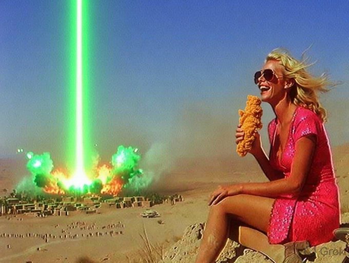 A surreal AI-generated image of a blonde woman in a pink dress eating fried chicken in a desert, with a green laser beam exploding in the background; a 'Grok' watermark is visible in the bottom right.