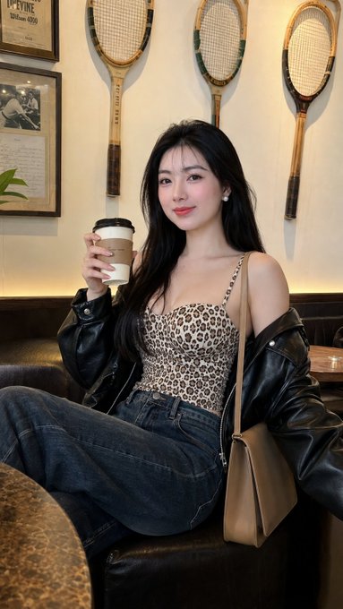 A young woman with long dark hair wearing a leopard print top and black leather jacket, sitting in a cafe holding a coffee cup with tennis rackets displayed on the wall behind her.