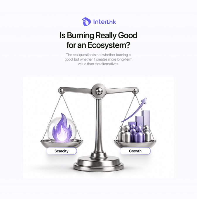 A InterLink graphic titled 'Is Burning Really Good for an Ecosystem?' featuring a scale balancing a flame labeled 'Scarcity' against figures and a growth chart labeled 'Growth'.