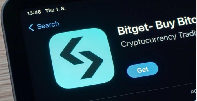 A close-up of a smartphone screen displays the Bitget app listing "Bitget - Buy Bit[coin]" and "Cryptocurrency Trad[ing]" on the App Store with a blue "Get" button.