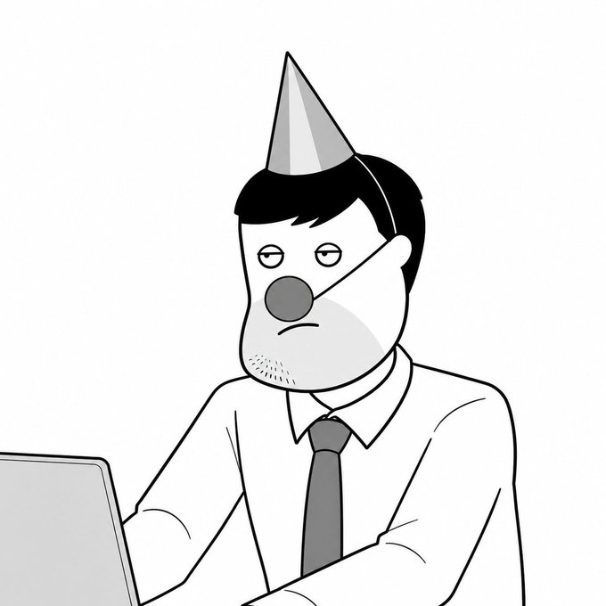 A black-and-white illustration shows a tired-looking man with stubble, a clown nose, and a party hat, working at a laptop in a shirt and tie—visually capturing the bittersweet shift from fun community collaborations back to the grind of a regular job.
