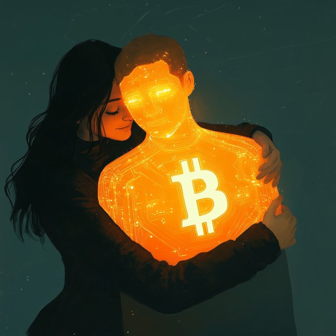 A digital illustration of a dark-haired woman embracing a glowing, robotic humanoid figure with a Bitcoin (₿) symbol on its chest against a dark background.