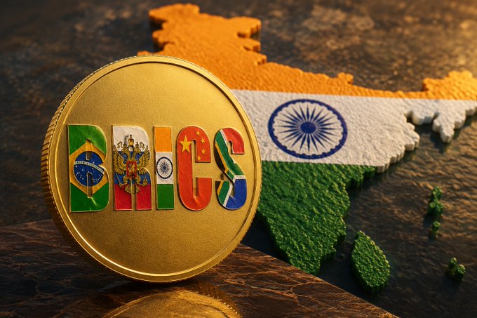 A gold coin displaying 'BRICS' with the flags of Brazil, Russia, India, China, and South Africa, set against a 3D map of the Indian subcontinent painted with the Indian flag.