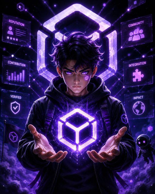 Anime-style artwork of a young man with purple eyes holding a glowing purple cube, surrounded by holographic panels labeled 'REPUTATION', 'COMMUNITY', 'CONTRIBUTION', 'VERIFIED', 'INTEGRATION', and 'IMPACT'.