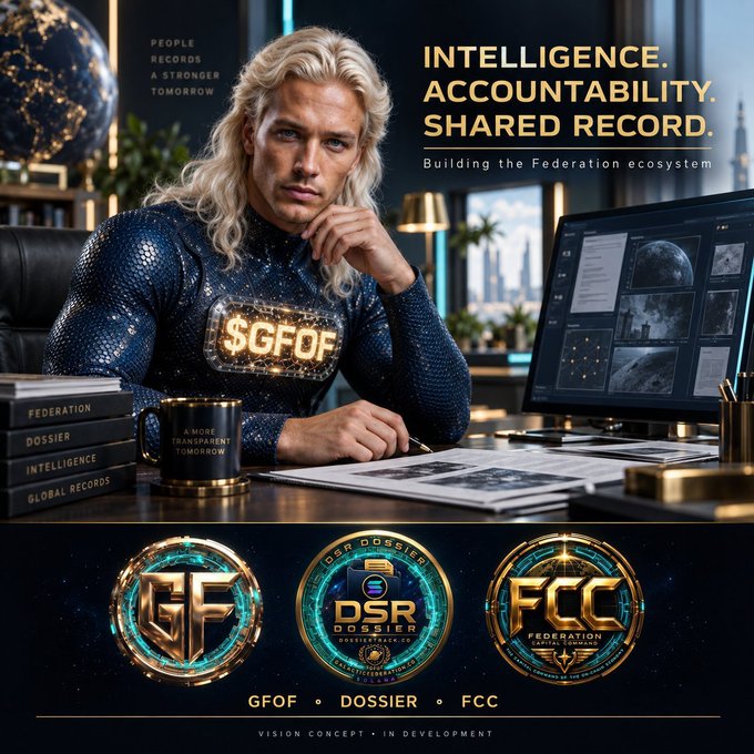 A promotional graphic titled 'INTELLIGENCE. ACCOUNTABILITY. SHARED RECORD.' with the tagline 'Building the Federation ecosystem' and 'VISION CONCEPT • IN DEVELOPMENT'. It features a blonde man in a textured blue top displaying '$GFOF', alongside books labeled 'FEDERATION DOSSIER INTELLIGENCE GLOBAL RECORDS' and badges for 'GFOF', 'DSR DOSSIER', and 'FCC FEDERATION COMPLIANCE COMMISSION'.