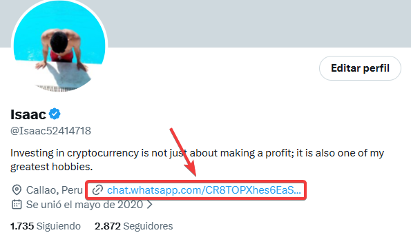 A Twitter profile page for user 'Isaac' (@Isaac52414718) from Callao, Peru describes crypto investing as a hobby and features a red-boxed WhatsApp link (chat.whatsapp.com/CR8TOPXhes6EaS...) highlighted by a red arrow.