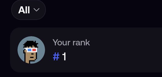 A dark UI screen showing "All" dropdown and "Your rank #1" with a pixel art avatar wearing red and blue glasses.