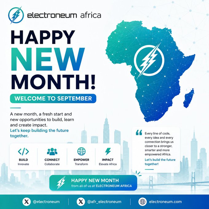 A promotional graphic for 'electroneum africa' celebrating 'HAPPY NEW MONTH!' and welcoming September, featuring a stylized map of Africa and emphasizing values like 'BUILD Innovate' and 'CONNECT Collaborate'.