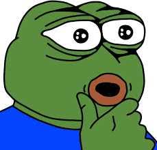 An illustration of a green cartoon frog (Pepe) wearing a blue shirt, holding a finger to its lips in a 'thinking' or 'shushing' gesture.