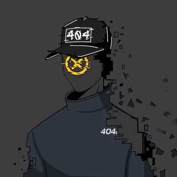 A dark, glitch-art style illustration of a silhouetted figure wearing a cap labeled '404' with a glowing yellow smiley face icon, dissolving into pixels on the right side, with '404' text on the jacket.