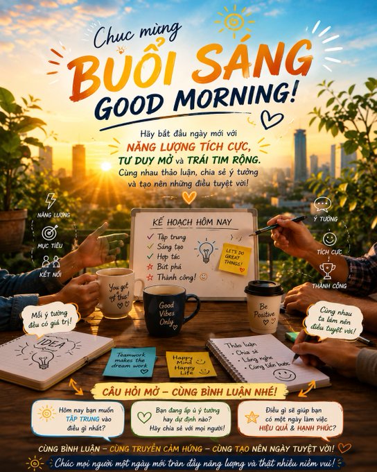 A motivational 'GOOD MORNING' graphic in Vietnamese and English, featuring an image of people planning their day with coffee cups, sticky notes, and a city skyline.