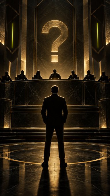 A silhouette of a person stands before a panel of judges at a dark, grand hall with a large golden question mark displayed above them.