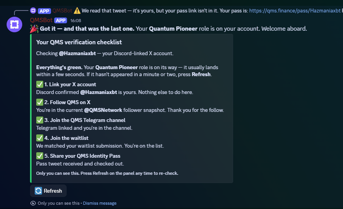 A Discord message from 'QMSBot' confirming that a user has received the 'Quantum Pioneer' role after completing verification steps.
