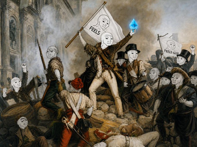 The image features a painting of people dressed in period clothing, with some holding flags or banners that say "feels good". There are at least 12 people depicted in the scene, including one person wearing a top hat. The painting seems to be depicting a historical event or gathering where the individuals are expressing their feelings about something.
