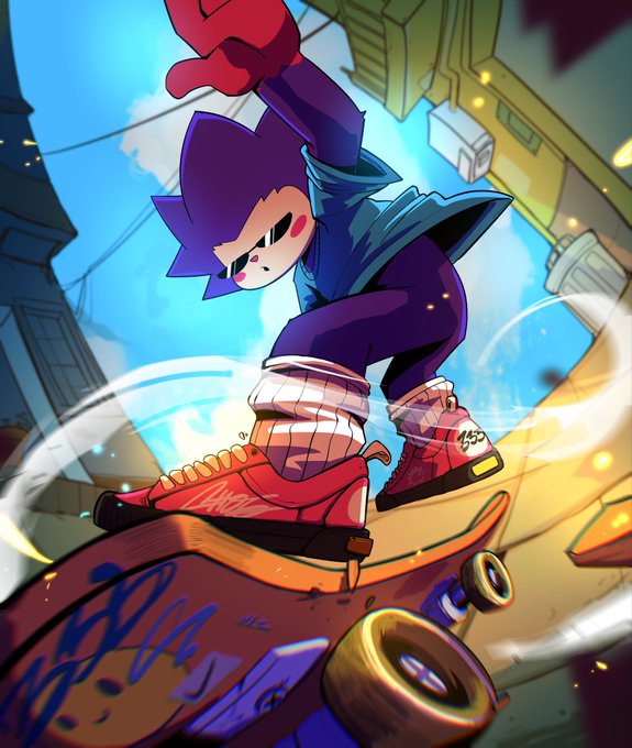 A stylish cat character with purple fur, red gloves, and red high-top sneakers grinds on a graffiti-covered skateboard through an urban alleyway. The "PAY ATTENTION" message pairs with the character's dynamic, eyes-on-you pose, capturing a sense of bold attitude and urgency.