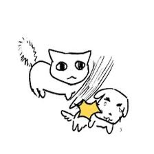 A simple black-and-white cartoon drawing depicts a cat chasing a mouse that is holding a yellow star.
