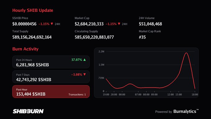 A 'Hourly SHIB Update' dashboard from SHIBBURN displaying the Shiba Inu (SHIB) price at $0.00000456, market cap of $2,684,210,333, and burn activity metrics, powered by Burnalytics.