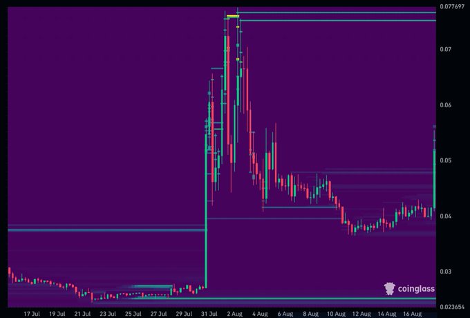 A cryptocurrency (likely $RATS) candlestick chart on Coinglass displays price action from July 17 to August 16, showing a dramatic spike from around $0.03 to a peak of $0.077697 on August 1, followed by a steady decline back toward $0.04, illustrating the volatile split between short crowd sentiment and long top trader positioning referenced in the post.