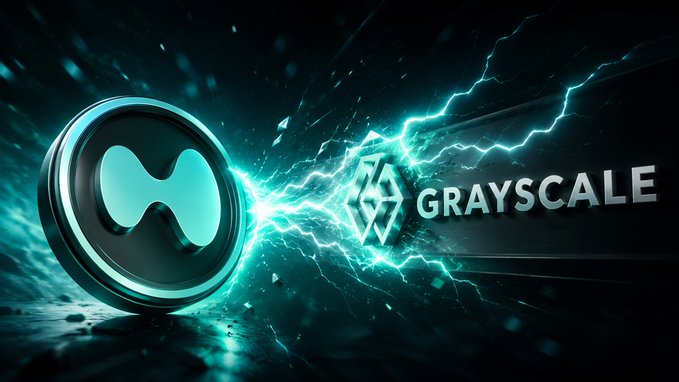 In this 3D rendering, there's a coin and a lightning bolt hovering over a dark blue background that says "Grayscale" in white letters. Below the coin, you can see an overlay of the word "hyperliquid". The coin is located on the left side of the image, while the lightning bolt is situated on the right side. The overall design gives off a futuristic and dynamic vibe. In the image itself, there's no direct connection between the coins and the text or the lightning bolt. Instead, both elements are separate and simply exist within the 3D rendering for artistic purposes.