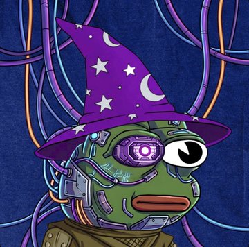 The image shows a cartoon character with a large head wearing a purple wizard hat and green skin. The character appears to be a frog or pea, as suggested by its facial features. The background of the image contains colorful lines and wires, which contribute to the overall artistic feel of the picture. In the caption provided, it mentions that "new heights are one thing." This phrase could potentially refer to the character's growth, development, or success in some aspect within the context of this post about a cryptocurrency. The character is positioned on top of a platform with a blue background, and there are multiple descriptions of the image which provide context for its creation and content.