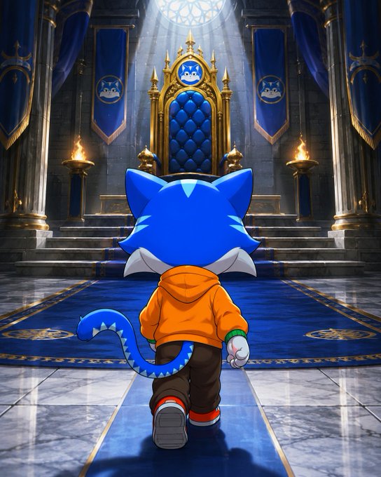 Digital illustration of a Sonic the Hedgehog-style character viewed from behind, wearing an orange hoodie and brown pants, walking down a blue carpet toward an ornate golden throne. The throne room features blue banners with a crown emblem, stone pillars, and lit braziers.