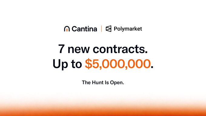 The image shows a banner with text that reads "The Hunt Is Open." The banner also contains an orange border, which makes the text stand out against the white background. The main content of the image is a list of newly deployed contracts for Polymarket x Cantina, along with details about the bug bounty program and how to participate in it.