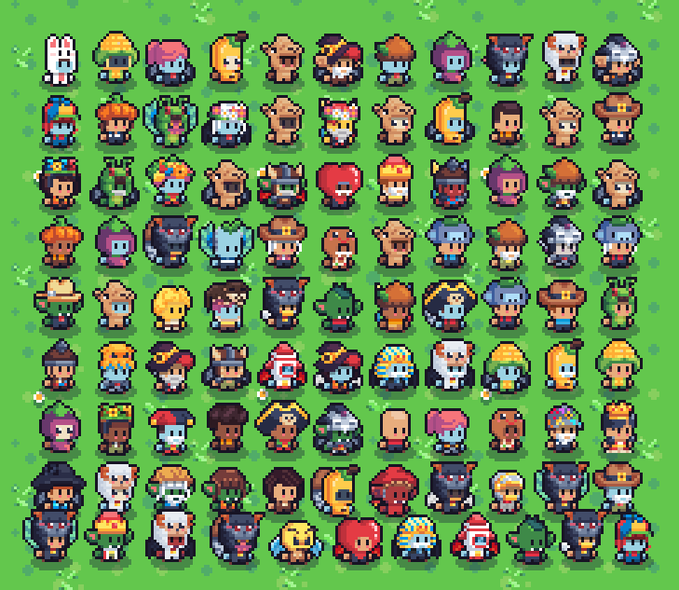 A vibrant grid of pixel-art character sprites featuring various fantasy creatures, humans, and monsters in diverse costumes, displayed on a green background. The whimsical array of unique NFT-style avatars complements the post's call to action for whitelist applications to "Robinmates," suggesting each character represents a potential collectible from the project.