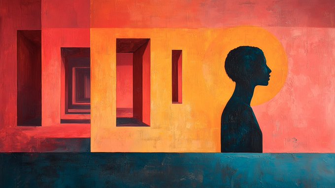 A stylized painting with warm orange and red tones showing a dark silhouette of a person in profile against a circular yellow sun, alongside geometric window-like openings in a wall.