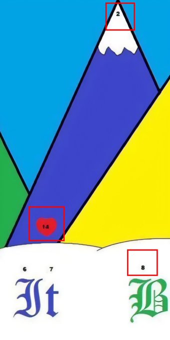 A colorful mountain graphic features a stylized landscape with peaks in blue, yellow, and green, marked with numbered red boxes at "2" (snowy peak), "10" (blue mountain base), and "8" (yellow slope). Below the mountains are decorative Gothic-style letters "It" labeled "6" and "7," and "B" labeled with "8," suggesting a puzzle or game related to the date 8/14.