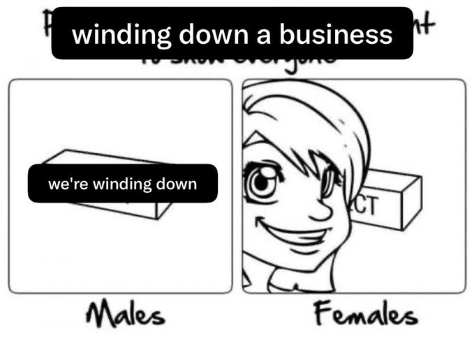 A meme titled "winding down a business" shows a two-panel comic where males simply state "we're winding down" while females are shown smiling about a "connect 4" game, humorously suggesting women process business closures as opportunities to play games—used here to lighten the announcement that POAP is shutting down after 5+ years.