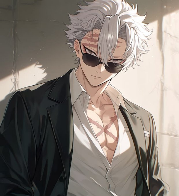 An anime-style illustration features a silver-haired male character wearing dark sunglasses and a black blazer over an unbuttoned white shirt, with visible X-shaped scars on his chest and forehead.