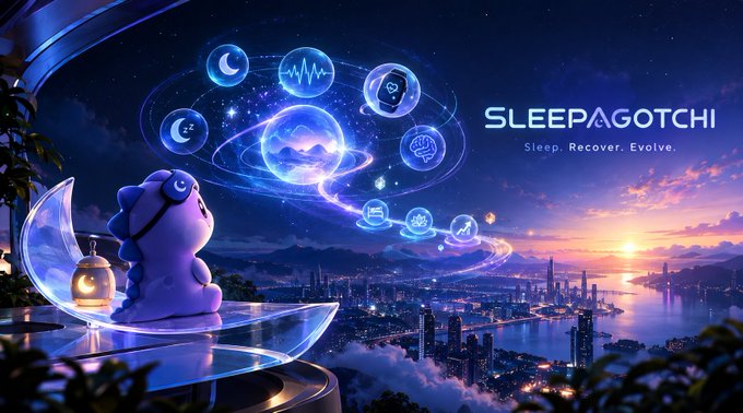 A promotional image for 'SLEEPAGOTCHI' with the tagline 'Sleep. Recover. Evolve.' features a cute purple creature with headphones gazing at a holographic display of sleep and health icons over a futuristic cityscape at sunset.