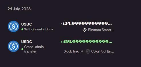 A dark-themed transaction log dated 24 July, 2026, showing a USDC withdrawal/burn and a cross-chain transfer of approximately 124.999999999999 USDC involving Binance Smart Chain and ColorPool via Xoob link.