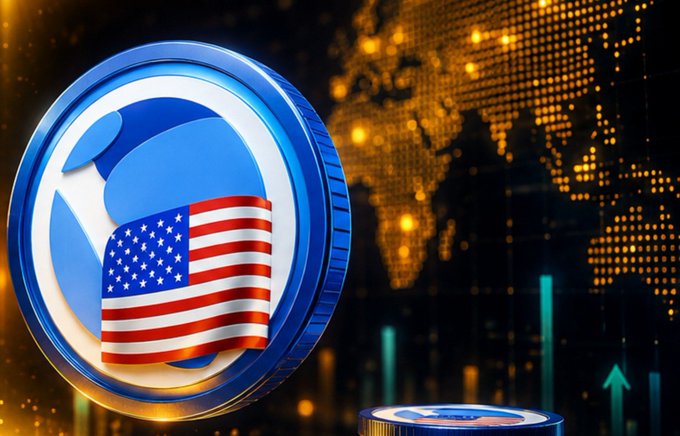 A digital illustration of a blue cryptocurrency coin with an American flag draped across it, set against a glowing world map and candlestick chart background.