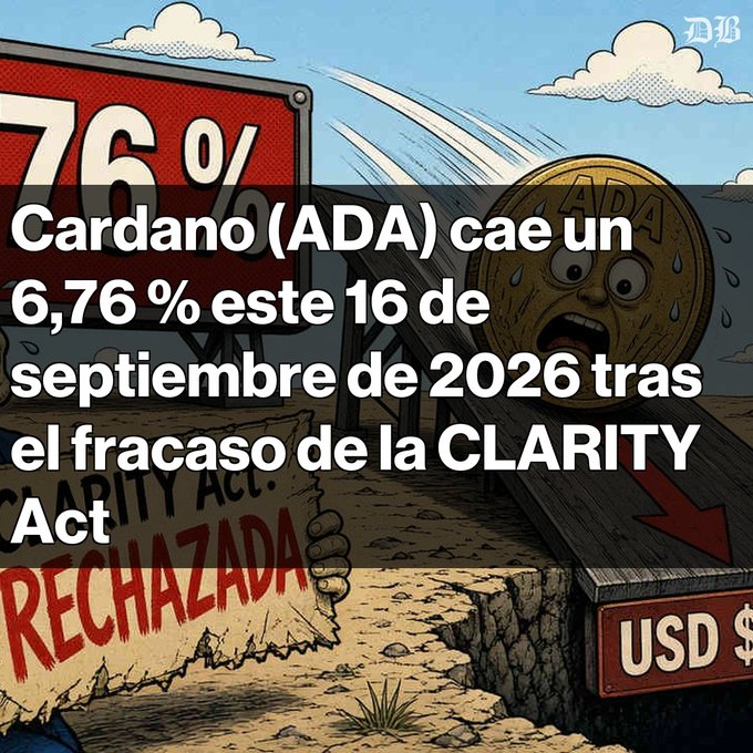 Cartoon image with Spanish text overlay reading 'Cardano (ADA) cae un 6,76% este 16 de septiembre de 2026 tras el fracaso de la CLARITY Act', depicting a distressed ADA coin on a downward slide.